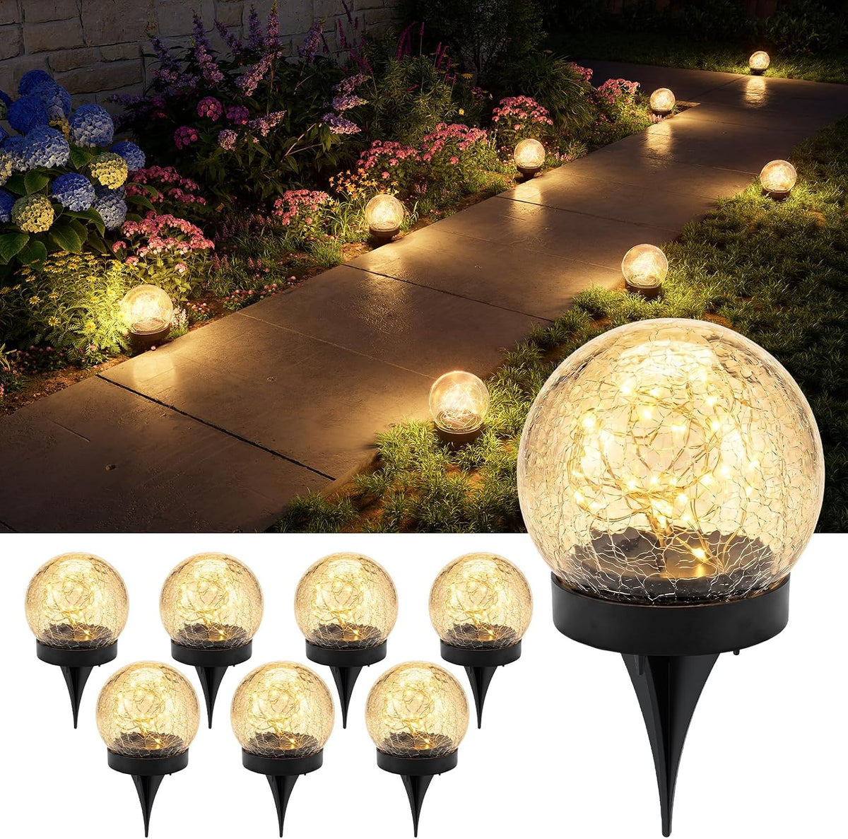GVSHINE Paquete de 8 luces LED de cristal agrietado de color blanco...