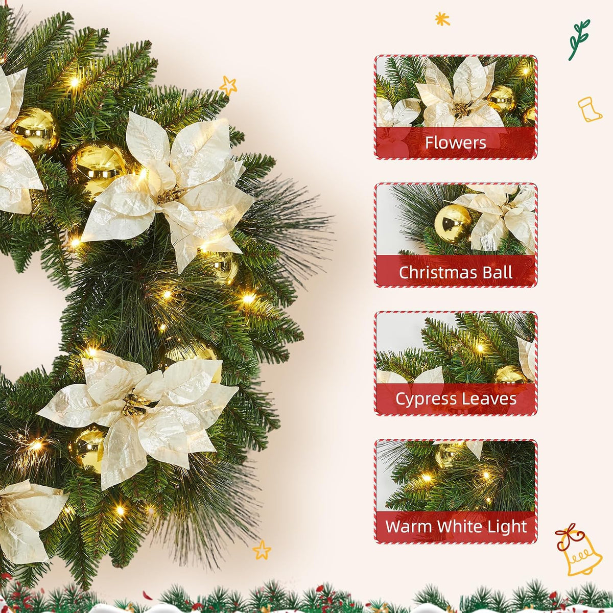 Garvee Corona de Navidad de 24 pulgadas con Flores, Hojas de Ciprés...