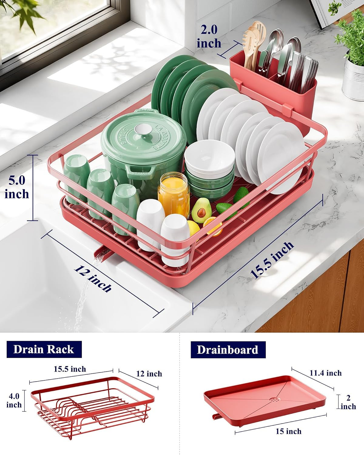 Kitsure Escurridor de platos para encimera de cocina, 12 pulgadas d...