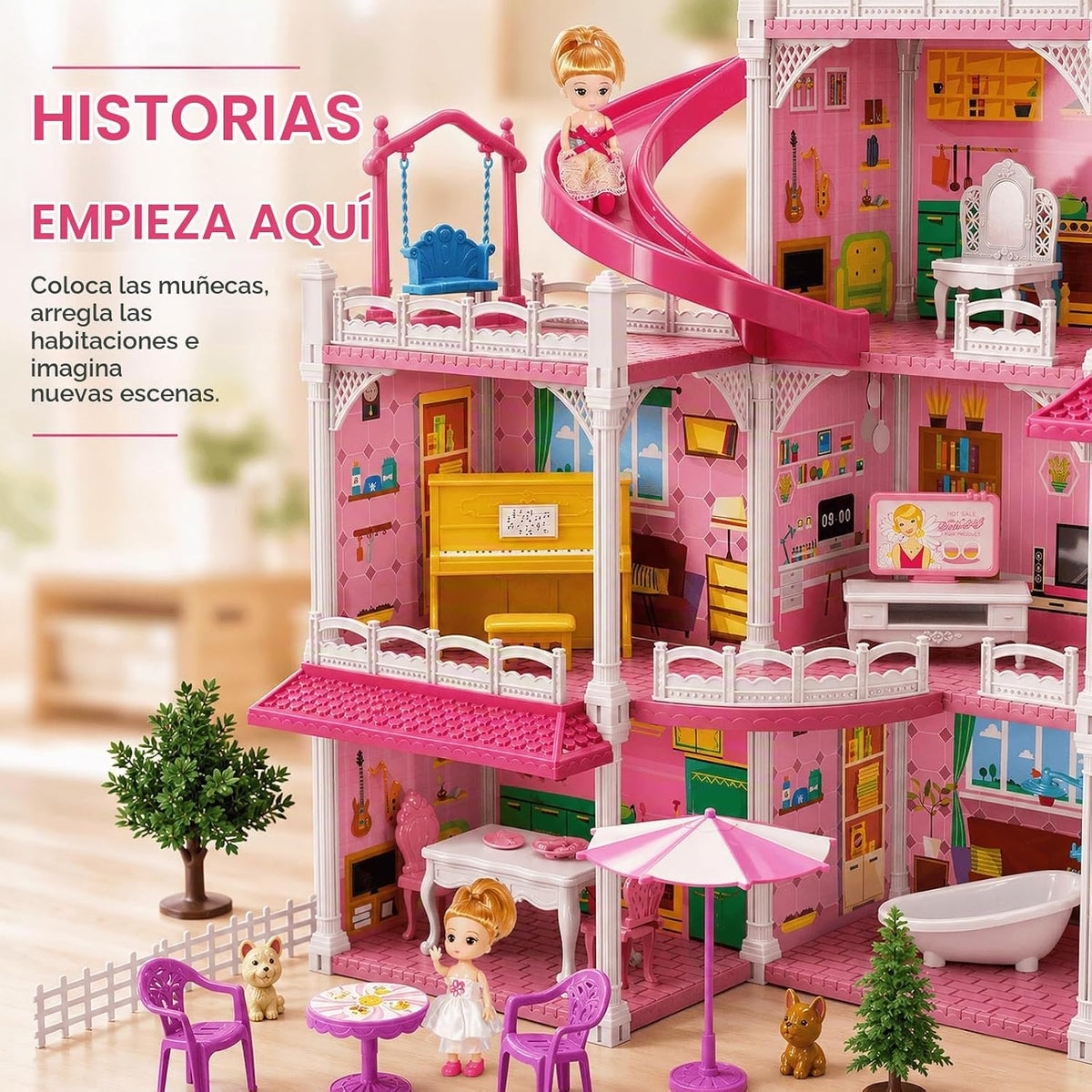 KIZONLY Casa rosa de 4 pisos para niñas de 3 años en adelante, casa...