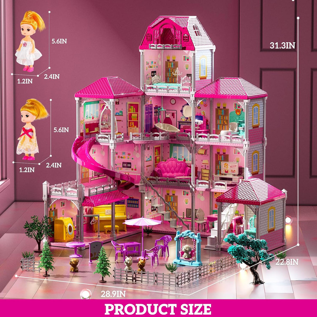 JUKUDAHU Juego de villa para niñas de 3 a 7 años, 4 pisos y 12 habi...