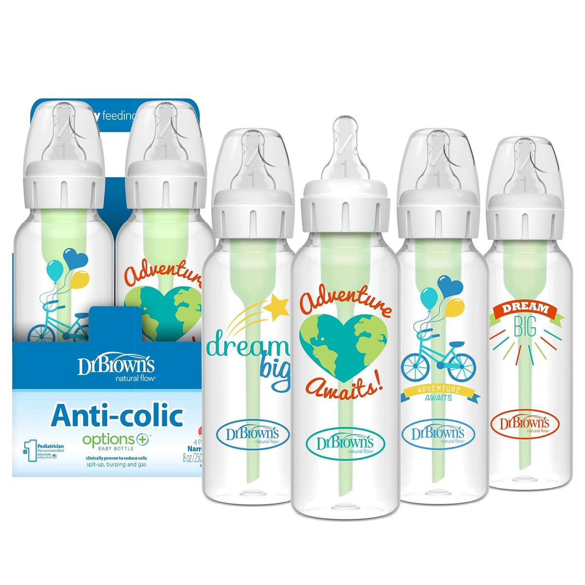 Dr. Brown's Anti-Colic Options+ Biberón estrecho, Aventura, 8 oz |...