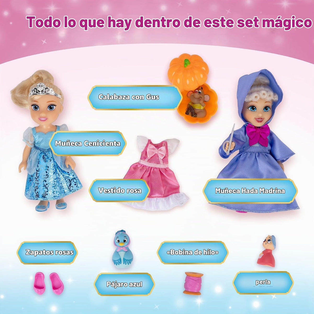 Disney Princess Cenicienta y Hada Madrina Juego de 8 piezas de muñe...