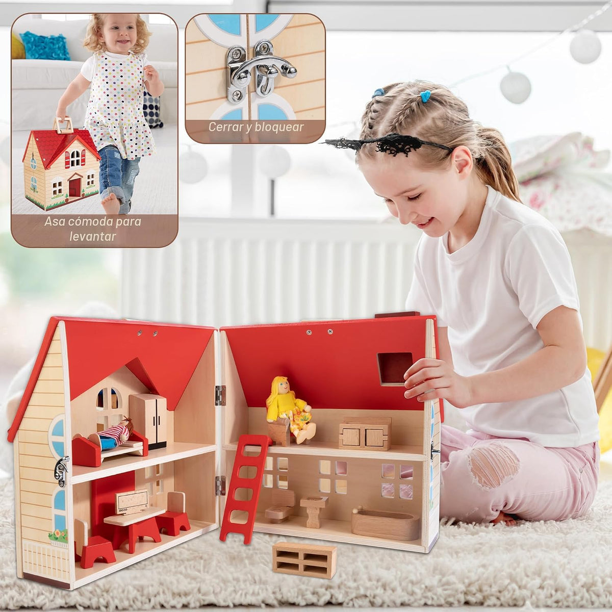 WOODMAM Casa de muñecas plegable de madera con muebles para juegos...