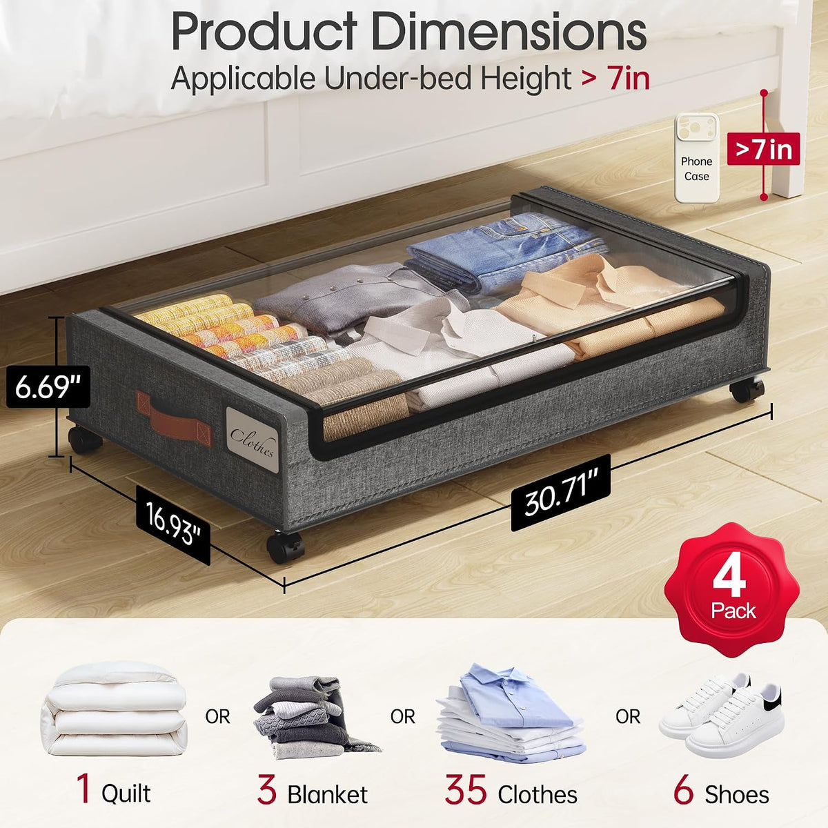 Yecaye Almacenamiento debajo de la cama con ruedas, paquete de 4 un...