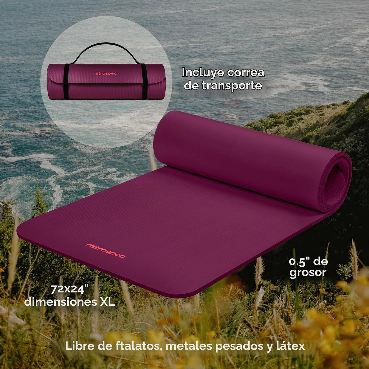 Retrospec Solana - Tapete de yoga grueso de 1\/2 pulgada antidesliz...
