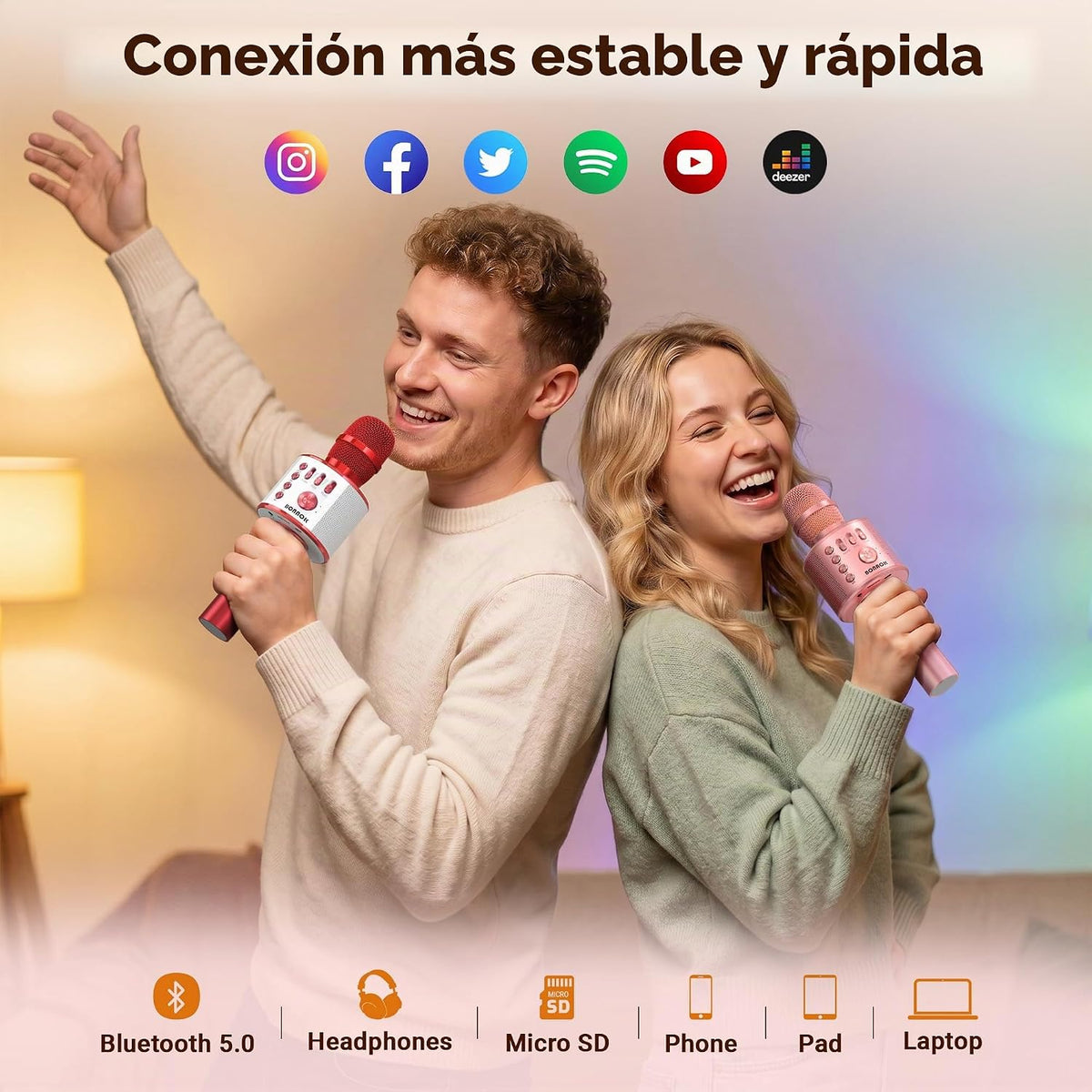 BONAOK Micrófono inalámbrico Bluetooth de karaoke, micrófono portát...
