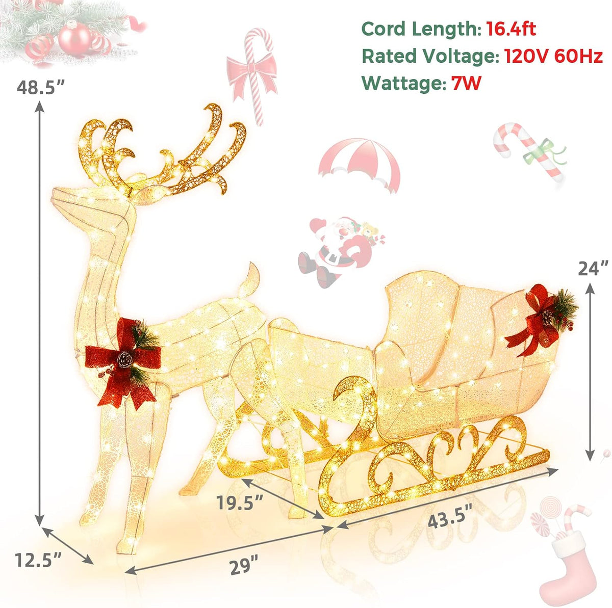 Tangkula Reno y trineo de Papá Noel iluminado de 6 pies para Navida...