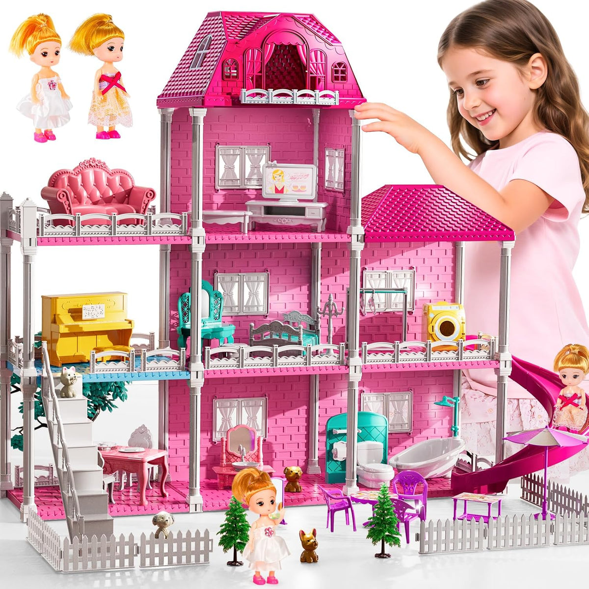 JUKUDAHU Juego de villa para niñas de 3 a 7 años, con 3 pisos, 7 ha...