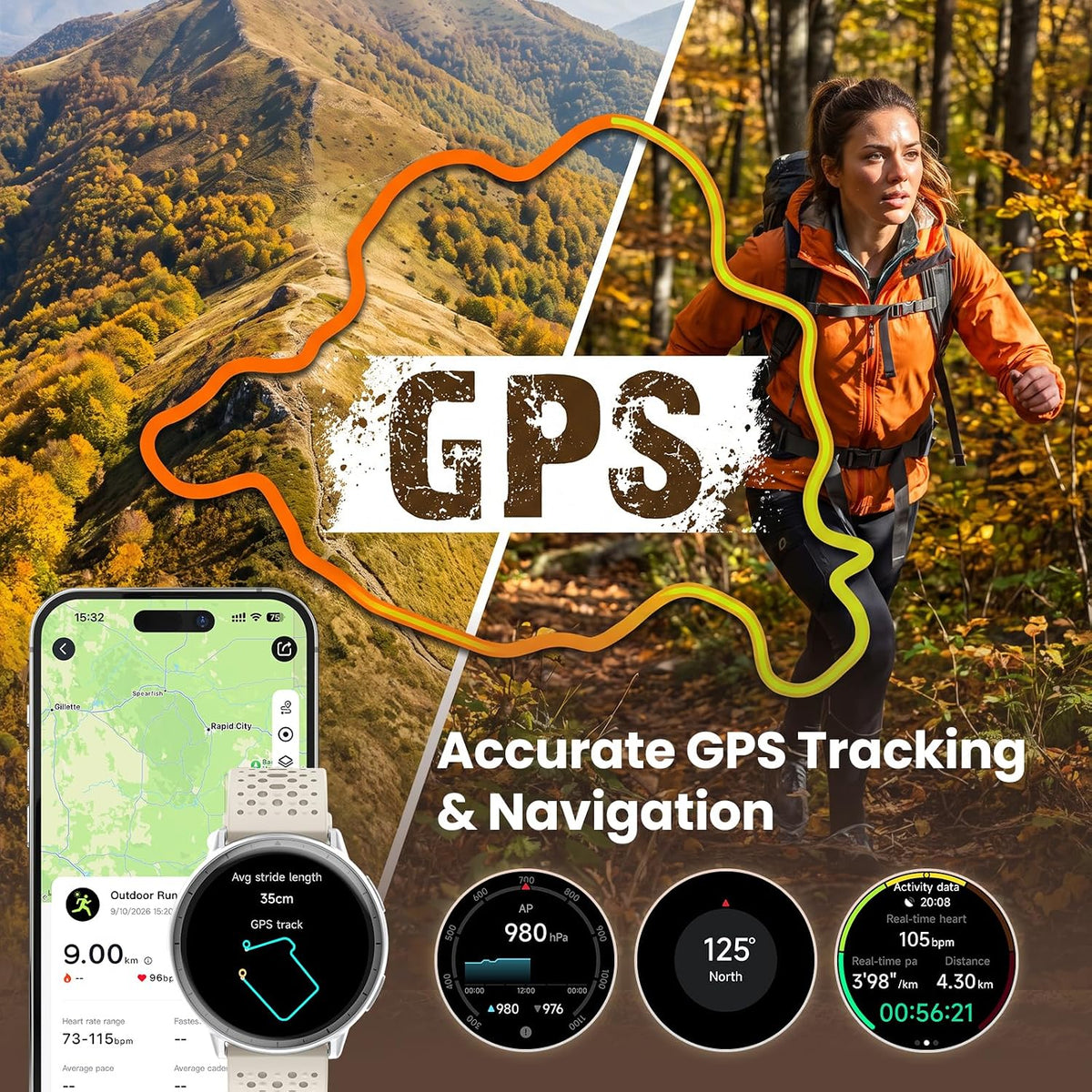 Reloj inteligente para hombres y mujeres, GPS integrado, pantalla A...