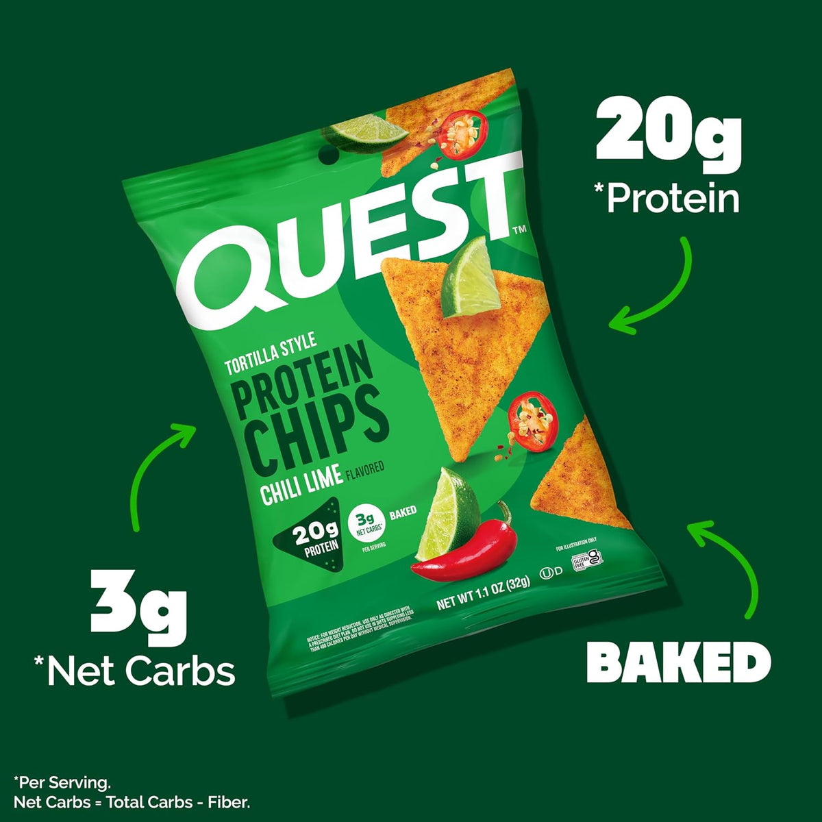 Chips de proteínas estilo tortilla, lima de chile, horneado, 1.1 oz...