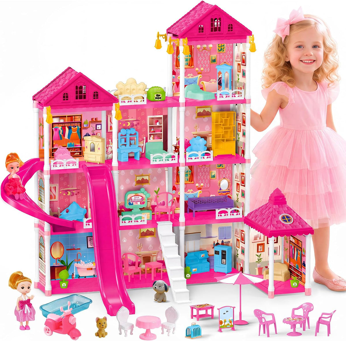 KLADNDER Casa de muñecas de 4 pisos con 11 habitaciones para niñas,...