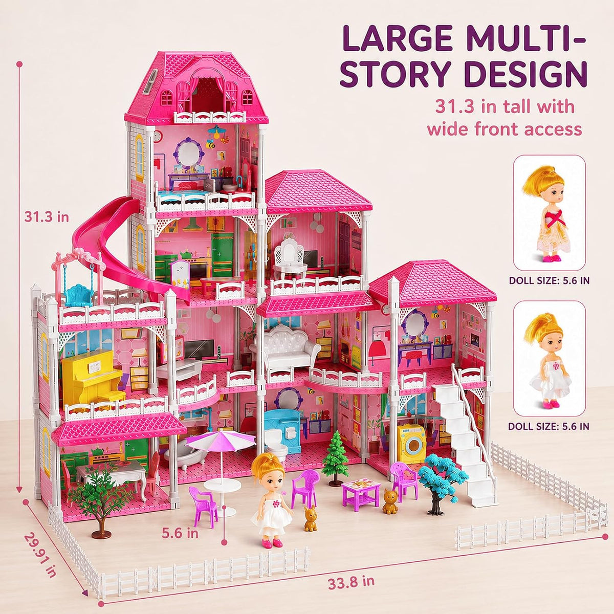 KIZONLY Casa rosa de 4 pisos para niñas de 3 años en adelante, casa...