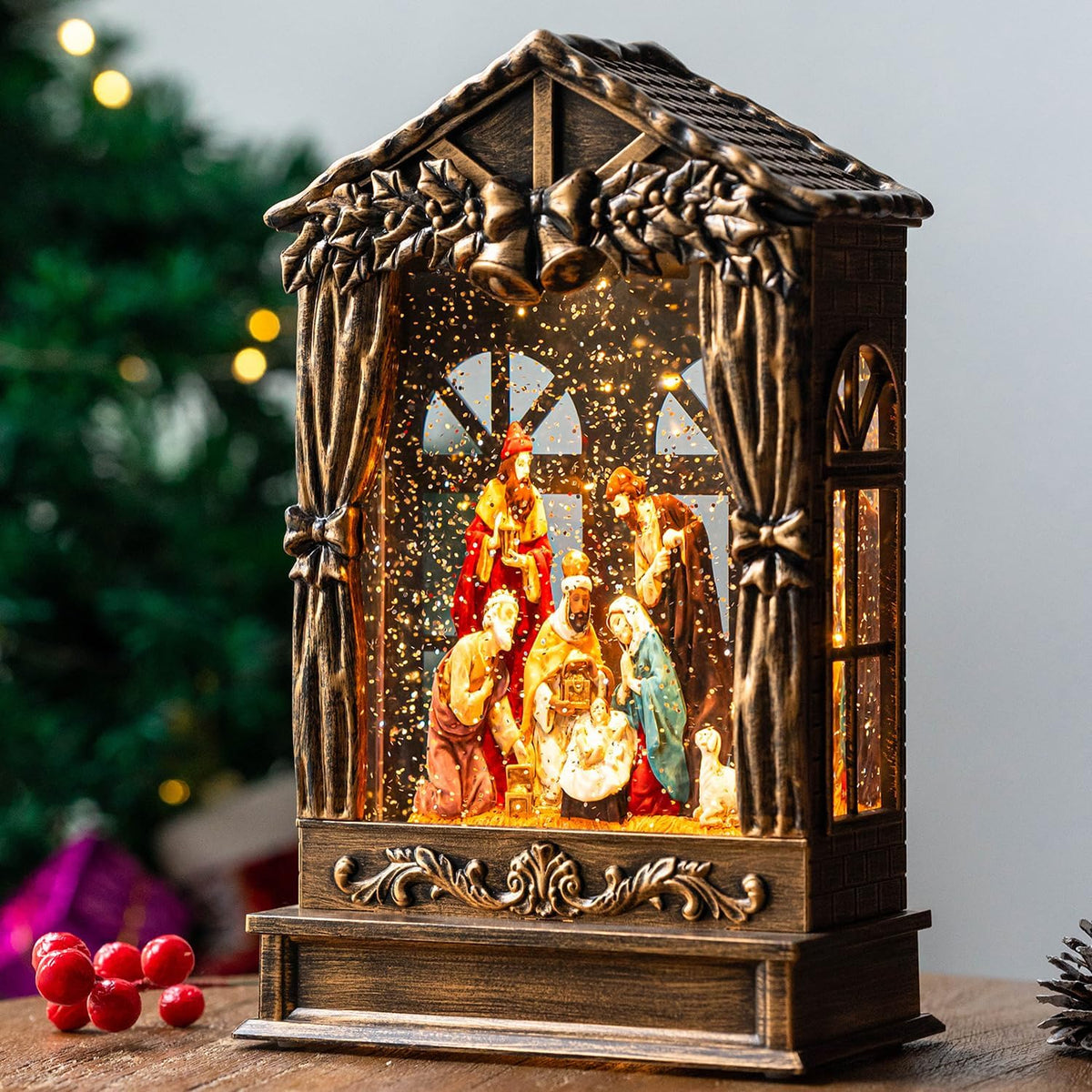 Nativity - Globo de nieve, linterna de Navidad iluminada musical co...