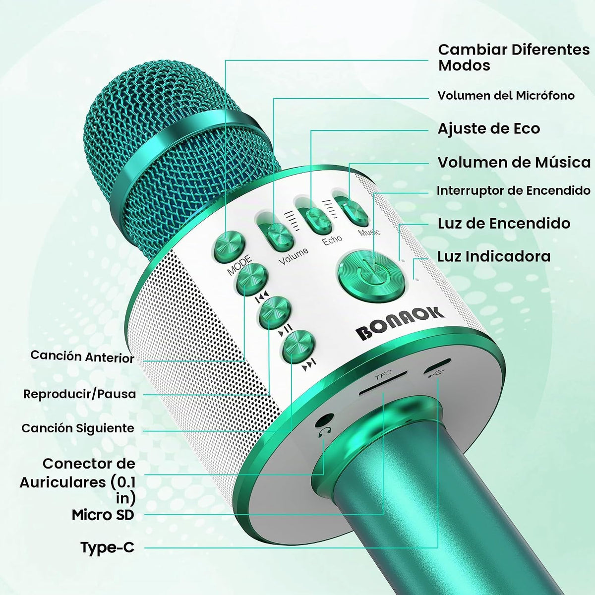 BONAOK - Micrófono inalámbrico Bluetooth de karaoke, 3 en 1; micróf...