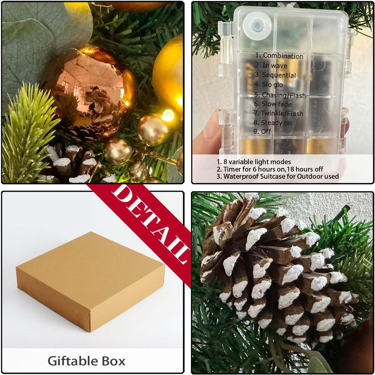 WANNA-CUL Corona de Navidad preiluminada de cobre dorado de 20 pulg...
