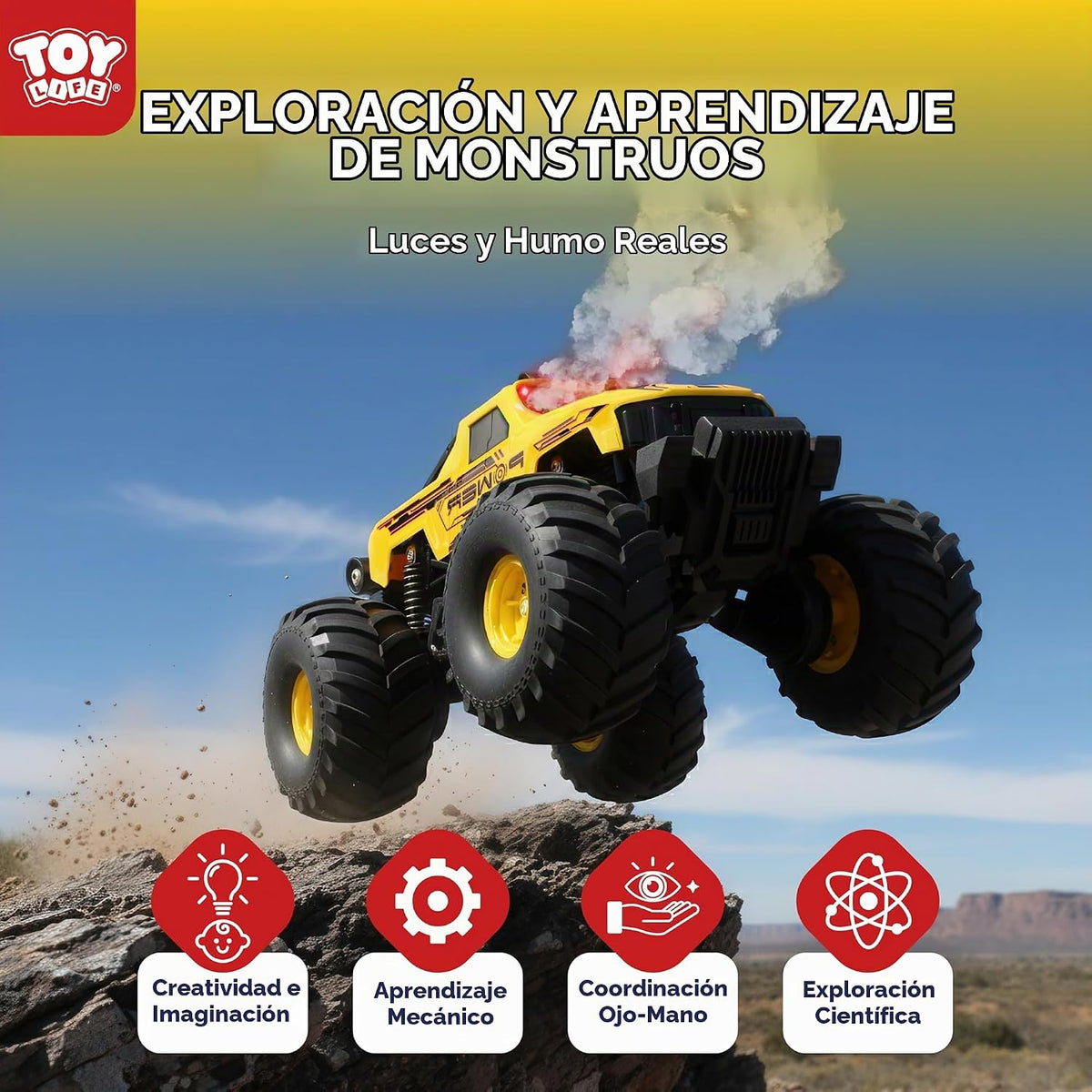 TOY Life Anfibio RC Monster Truck, spray de niebla y luces, amarill...