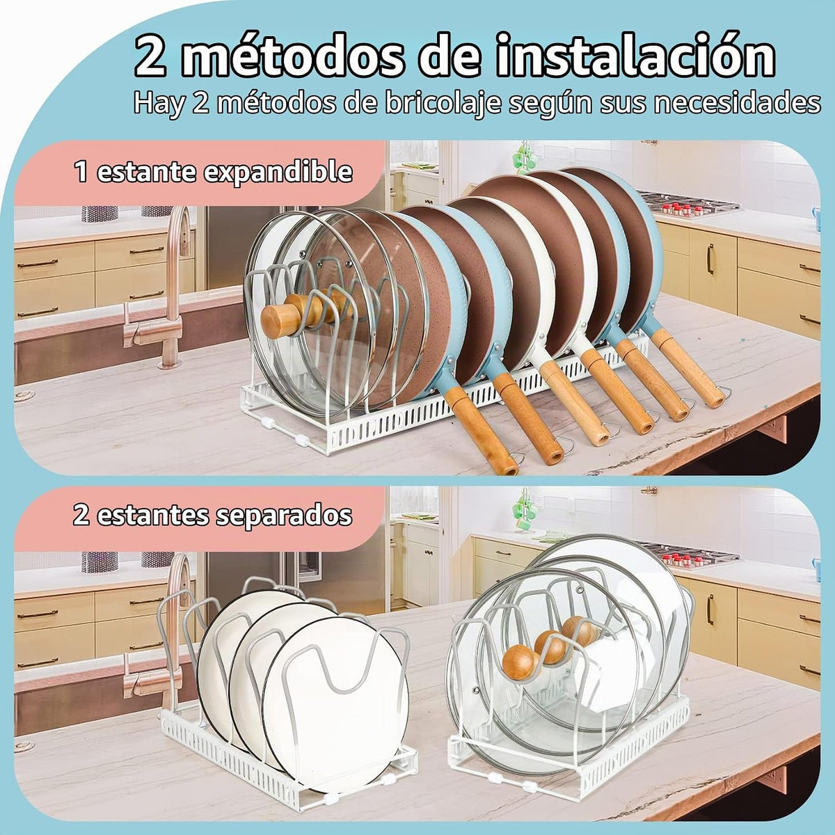 ROOHUA Estante organizador de tapas de ollas y sartenes para debajo...