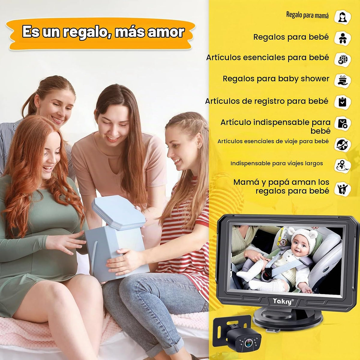 Yakry Cámara de coche de bebé para asiento trasero - HD 1080P, gran...