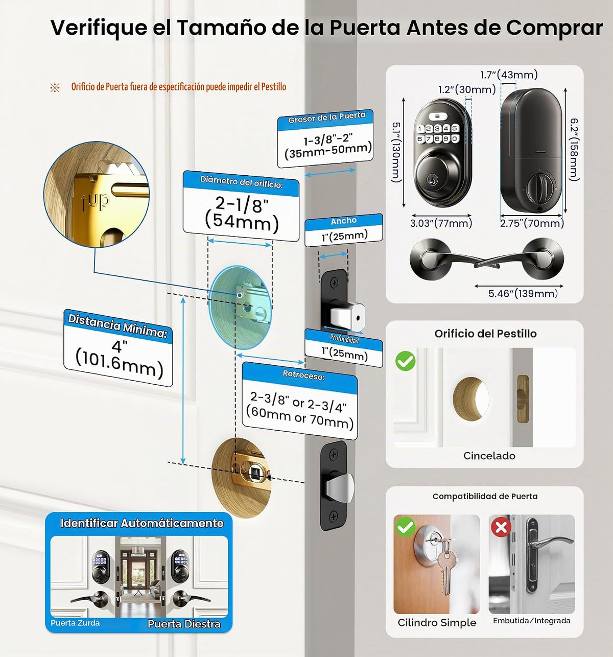 Veise RZ-C Cerradura de puerta de entrada sin llave con 2 manijas d...