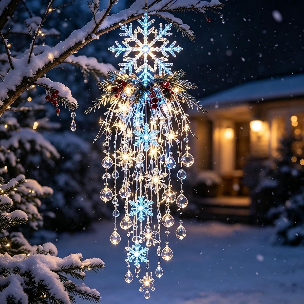 Luz de Navidad en cascada de cristal, copo de nieve colgante y deco...
