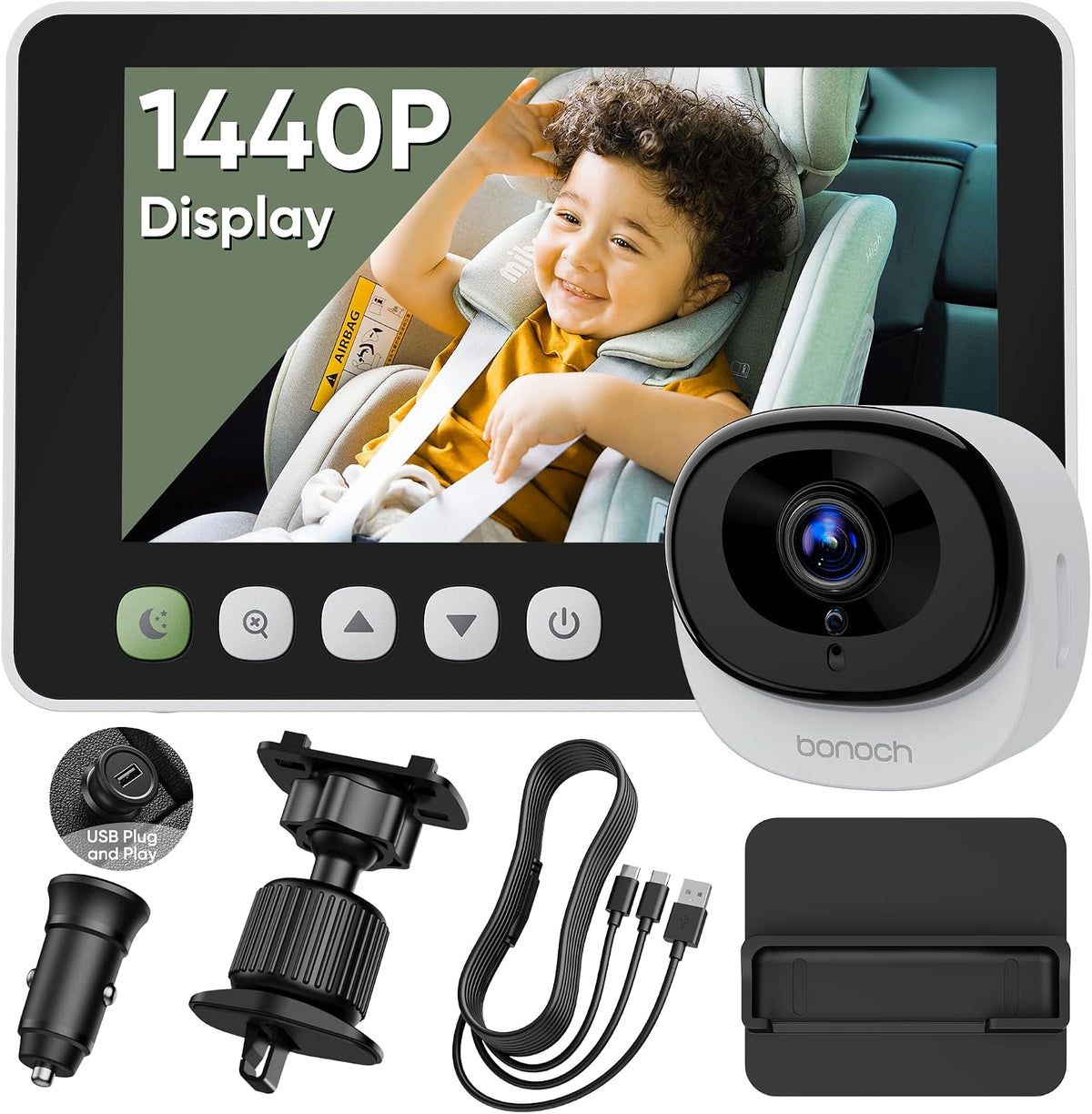 Bonoch Cámara para Coche de Bebé de 5" 1440P, Monitor más Claro, Vi...