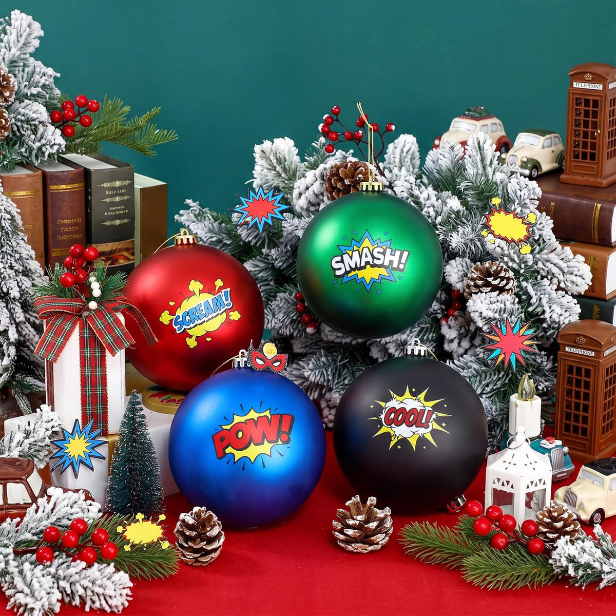 Tigeen 4 adornos de bolas de Navidad con temática de héroes grandes...