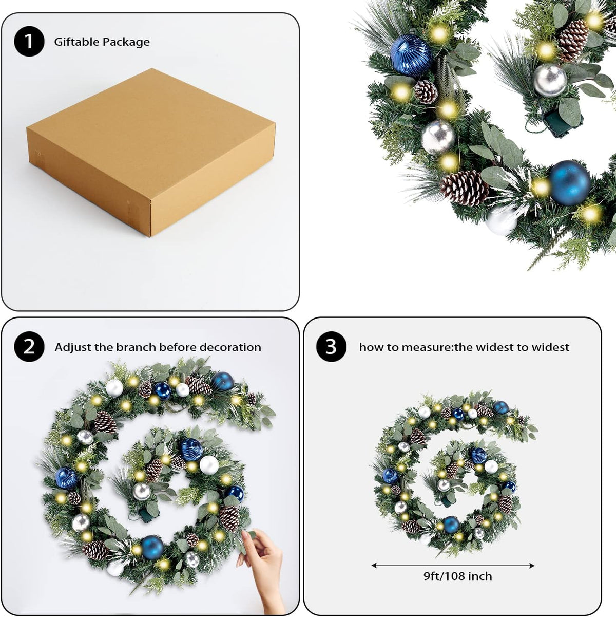 WANNA-CUL Guirnalda de Navidad preiluminada de 9 pies con luces | G...