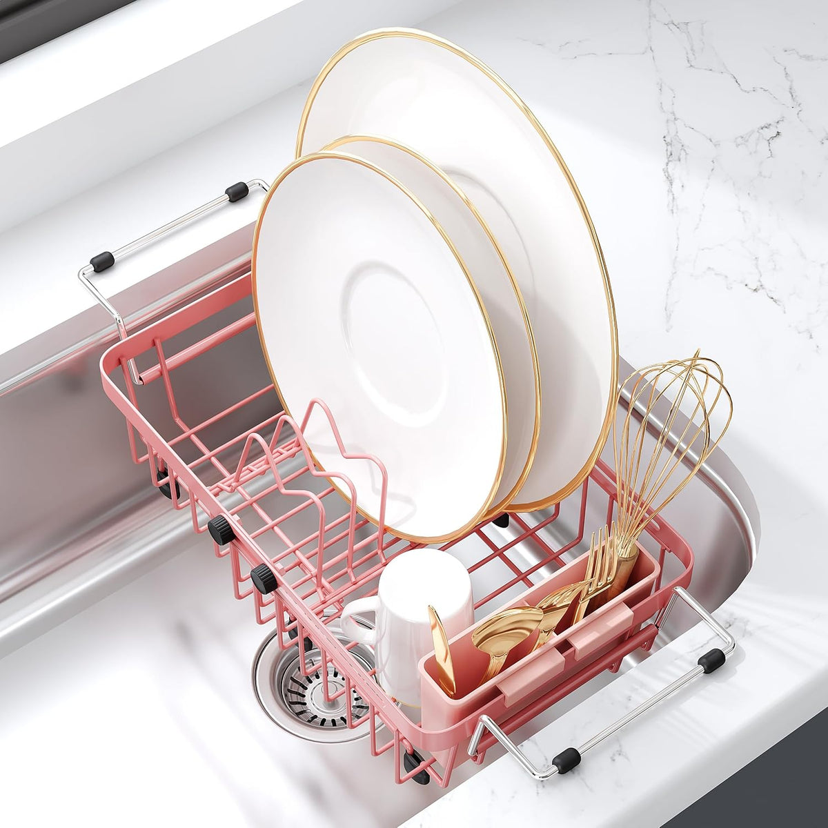JASIWAY Mini escurridor de platos rosa para apartamentos compactos,...