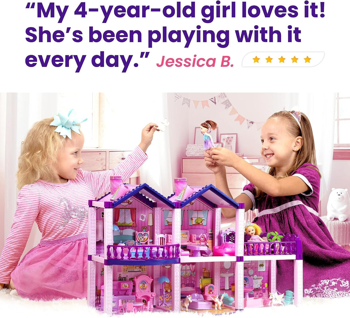 Casa de muñecas con 4 princesas, 4 unicornios, perro, muebles y acc...