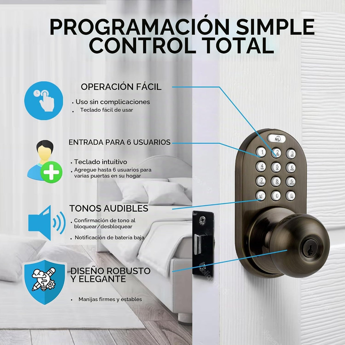 MiLocks TKK-02AQ - Pomo de puerta digital con teclado, cerradura de...