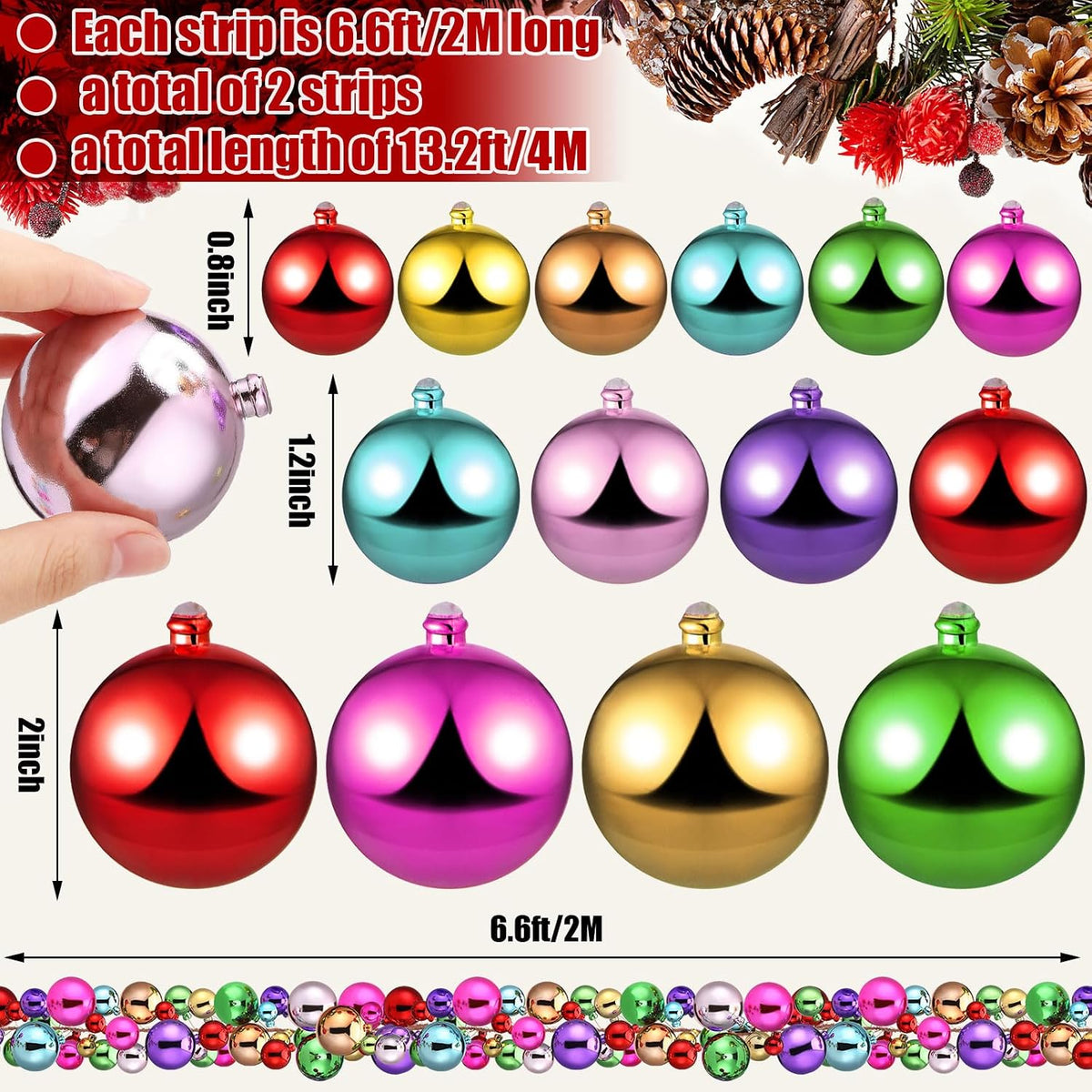 Yuxung - 2 guirnaldas de bolas de Navidad de 6 pies, colorida | Bom...