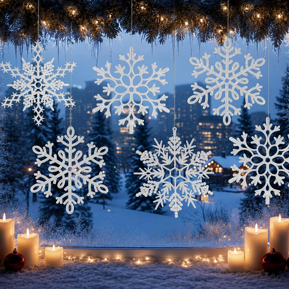 12 adornos grandes de copos de nieve plateados de 12 pulgadas, copo...