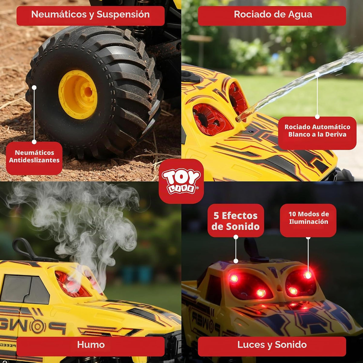TOY Life Anfibio RC Monster Truck, spray de niebla y luces, amarill...