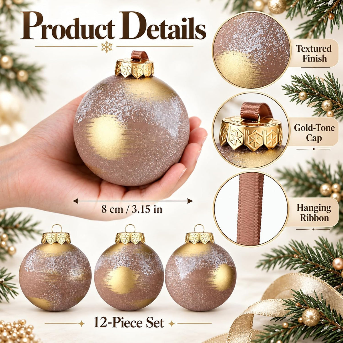 Yunlly - 12 adornos de Navidad neutros 2026, marrón topo y dorado |...