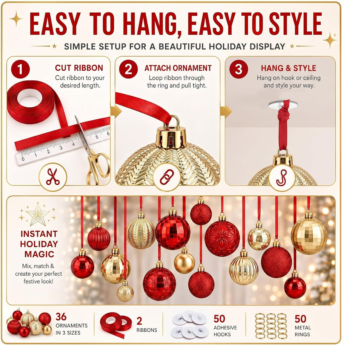 Relaxgiant - 36 bolas de Navidad para techo, color rojo y dorado |...