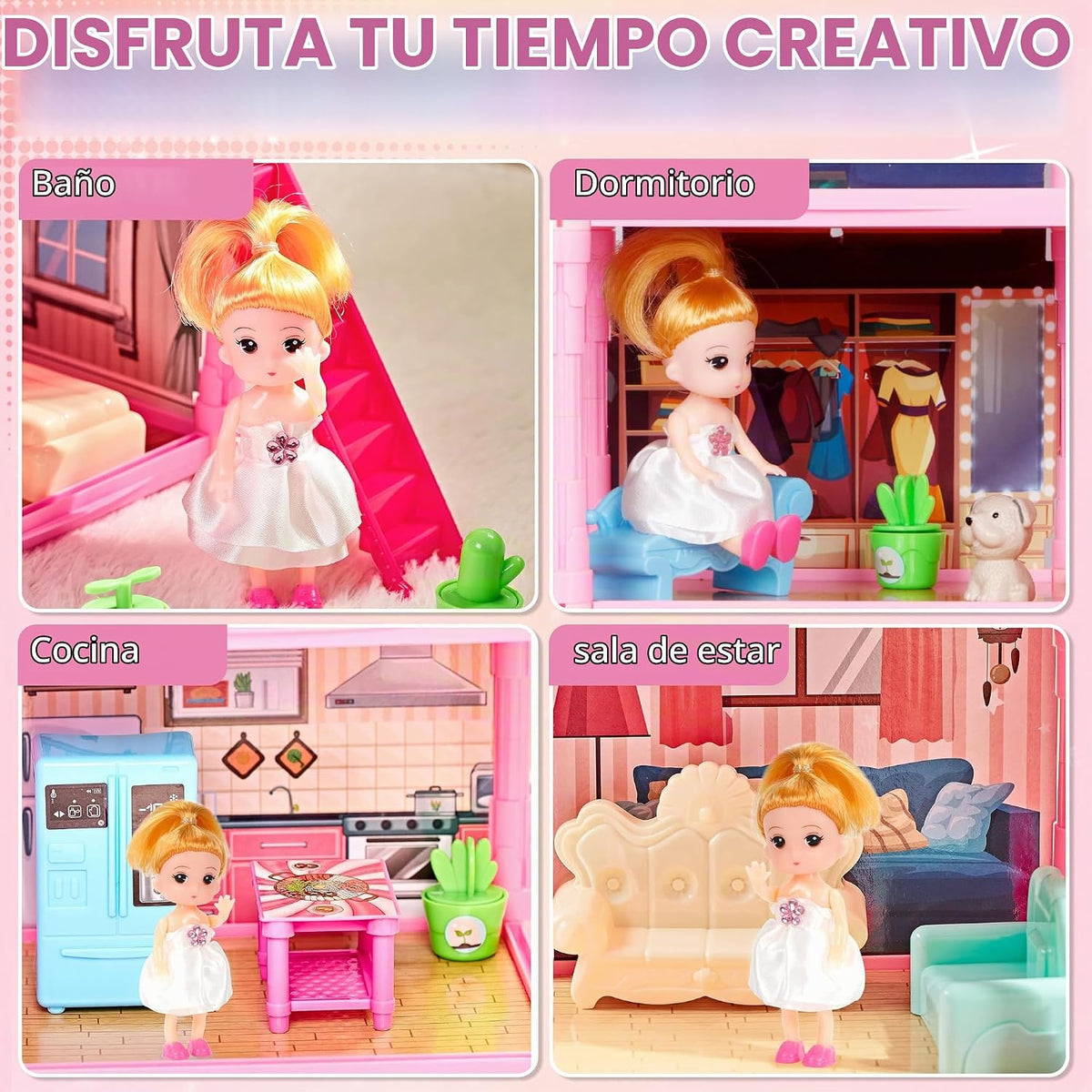 Seifar Casa de Muñecas para Niñas, 4 Pisos, 13 Habitaciones, 3 Muñe...