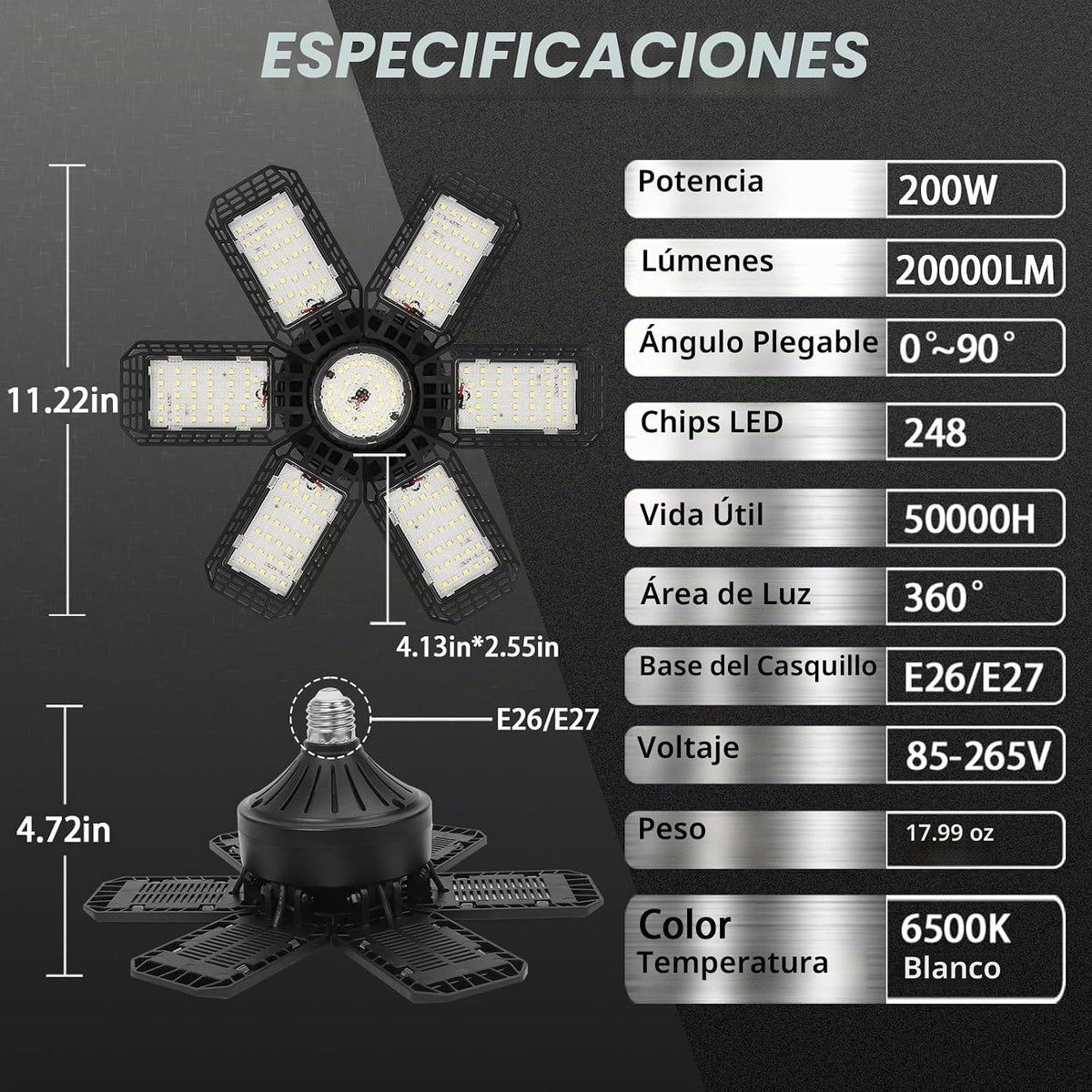 AUDLES - Paquete de 6 luces LED de garaje, 200 W, 20000 lm, 6500 K,...