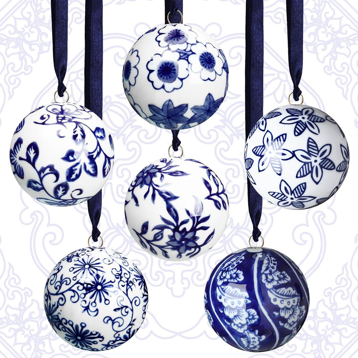 Cindeer - 6 bolas de porcelana de Navidad azules y blancas, estilo...