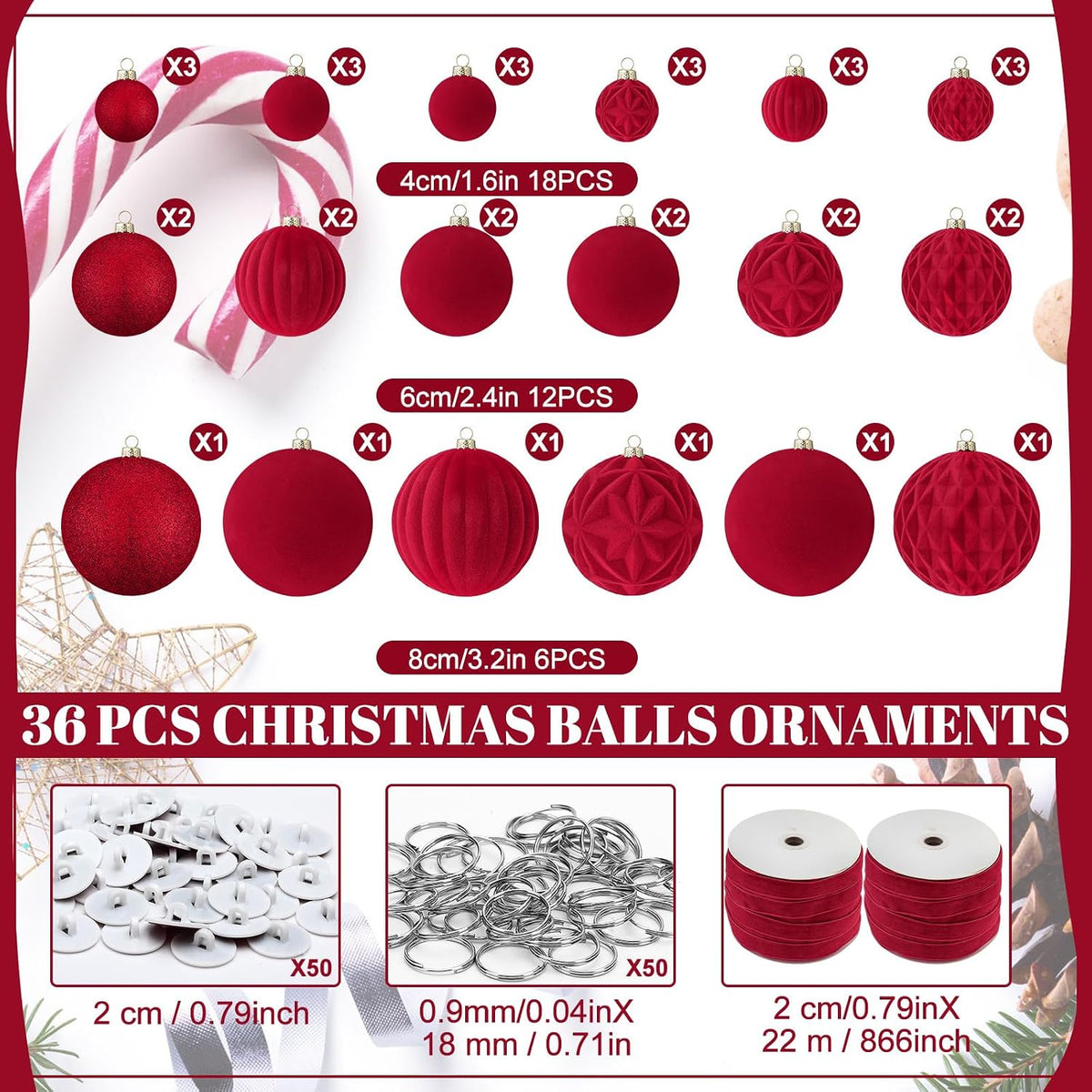 Relaxgiant 36 bolas de Navidad para techo, terciopelo burdeos | Tam...