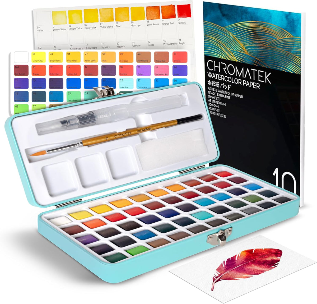 CHROMATEK Juego de pintura de acuarela, 50 colores vivos, almohadil...
