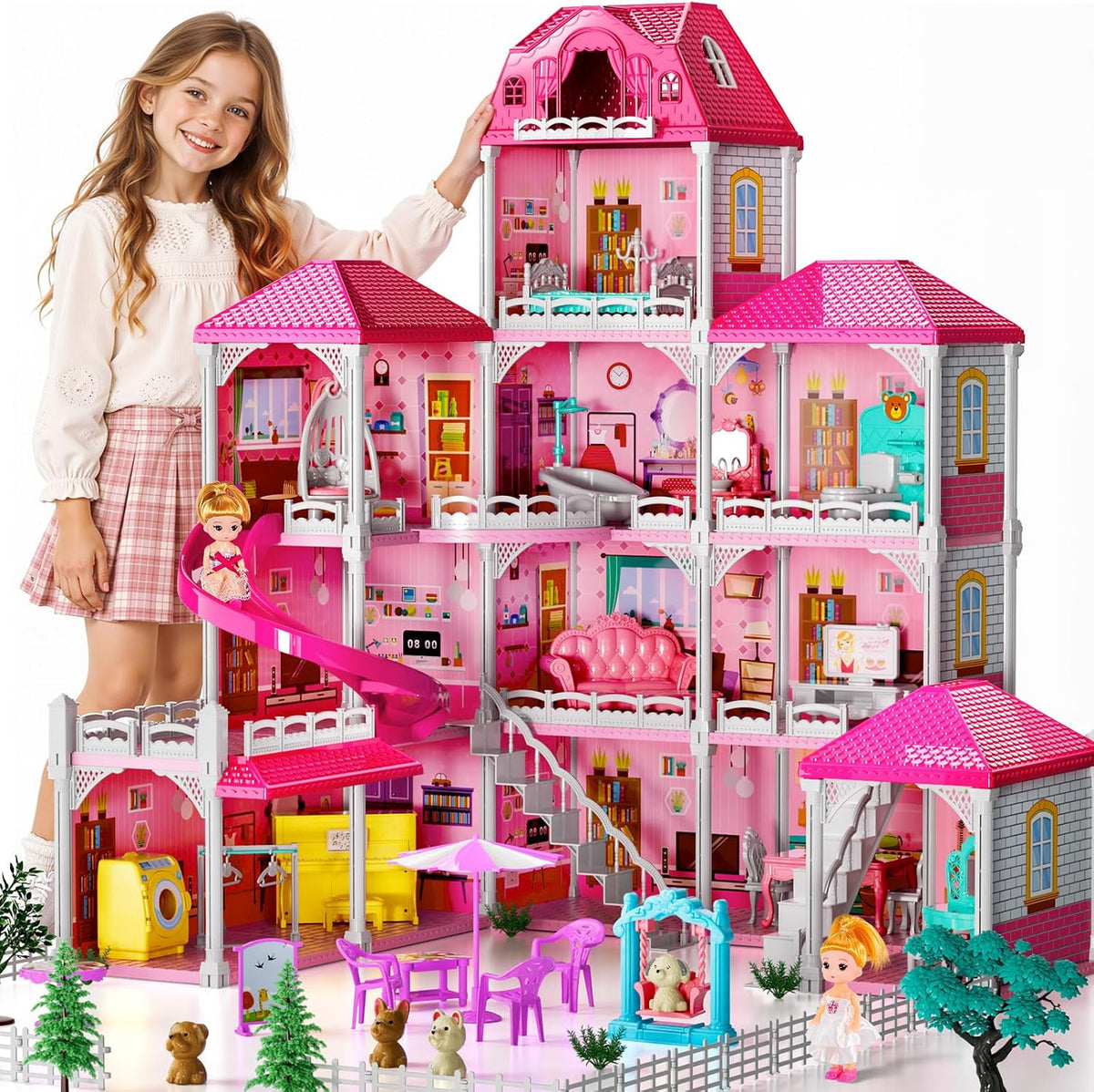 Casa rosa de 4 pisos para niñas de 3 años en adelante, juego de vil...