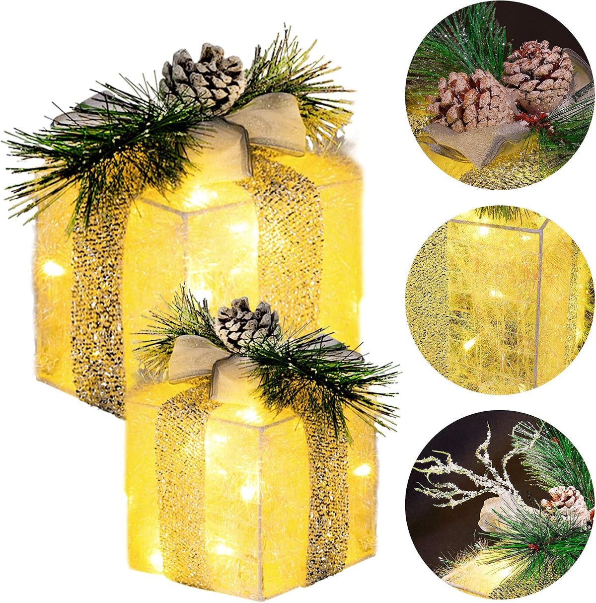 Hourleey Juego de 3 cajas de regalo iluminadas de Navidad, 60 cajas...