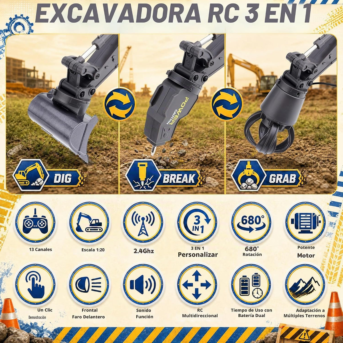 Juguetes teledirigidos del excavador 3-en-1, camión de la construcc...