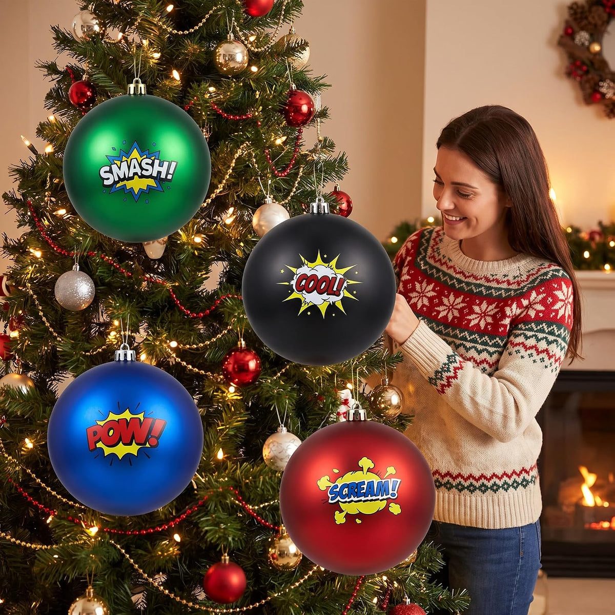 Tigeen 4 adornos de bolas de Navidad con temática de héroes grandes...