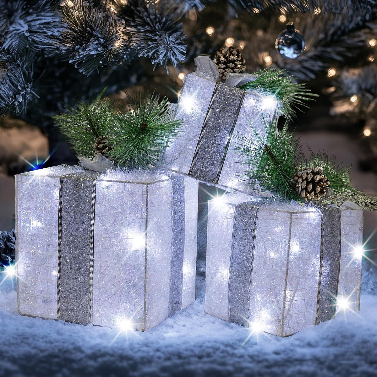 Hourleey - Juego de 3 cajas de regalo iluminadas de Navidad, 60 luc...