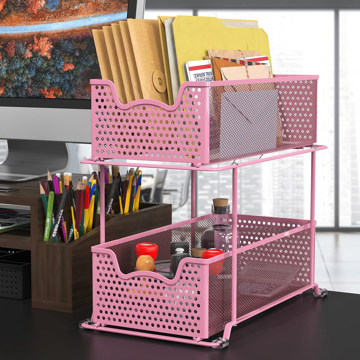 Simple Houseware Cajón organizador de 2 niveles, color rosa