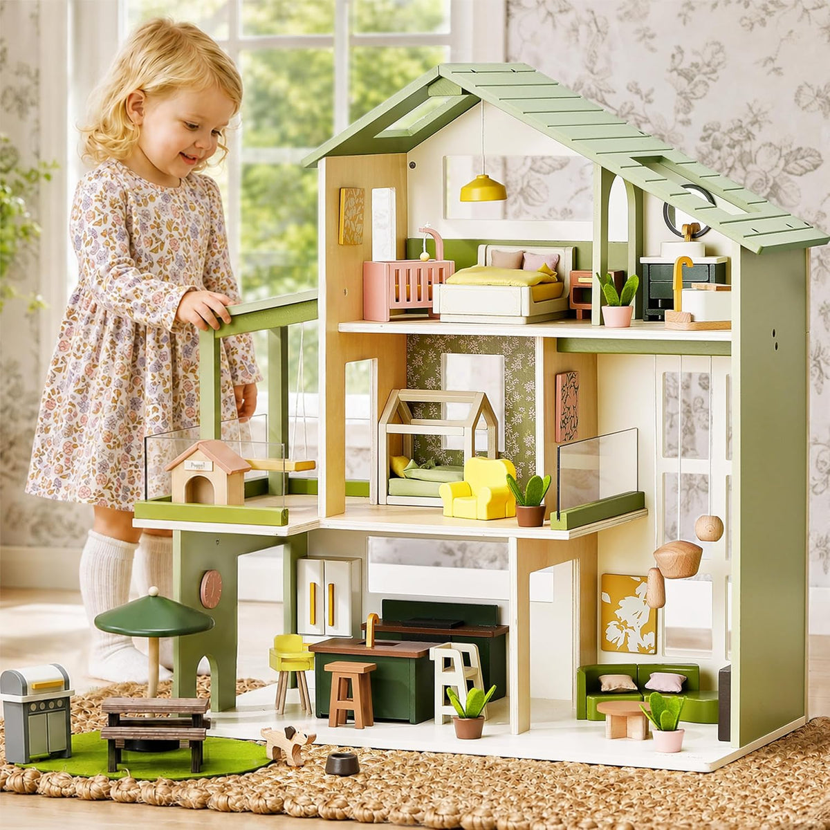 Tiny Land Casa de muñecas de madera, casa de muñecas familiar moder...