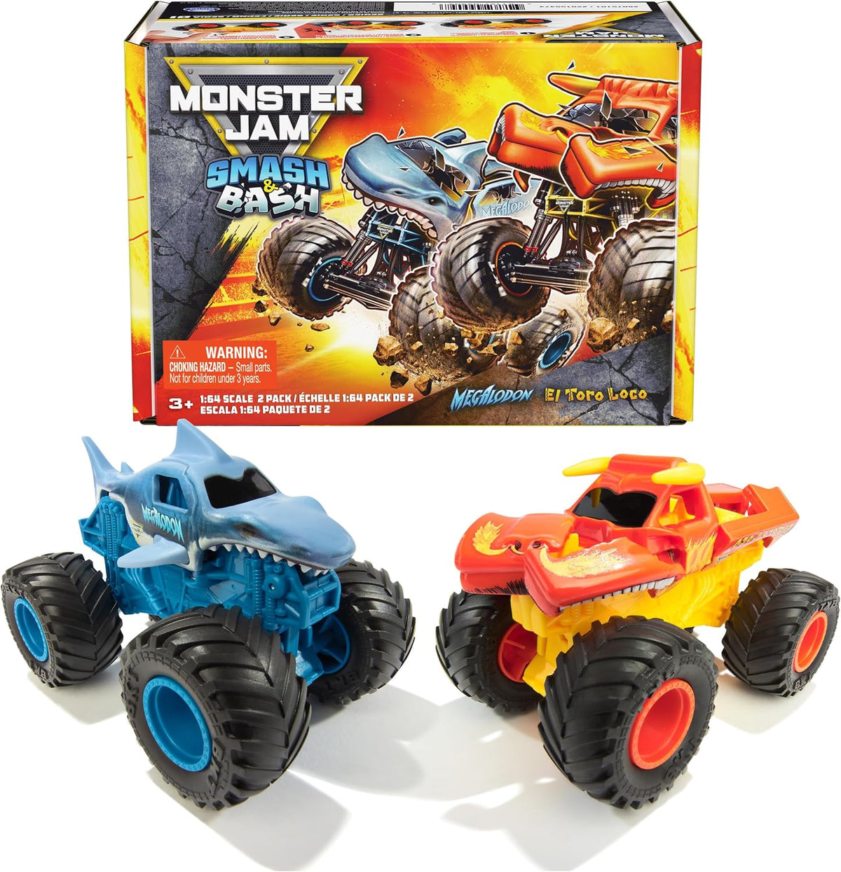 Monster Jam Smash & Bash 2-Pack Monster Trucks, Megalodon &...