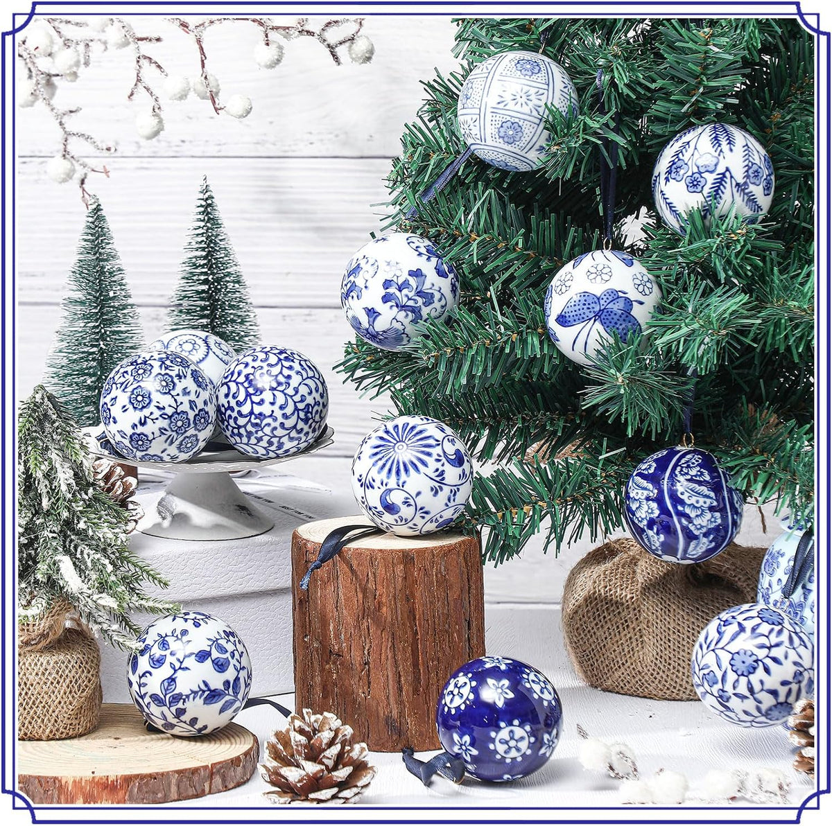 Cindeer - 12 bolas de porcelana de Navidad azules y blancas, estilo...